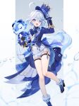  1girl 6u_(eternal_land) ahoge aqua_background arm_up ascot asymmetrical_gloves black_footwear black_gloves blue_ascot blue_brooch blue_coat blue_eyes blue_hair blue_headwear character_name coat commentary_request double-parted_bangs drop-shaped_pupils feet_out_of_frame furina_(genshin_impact) furrowed_brow genshin_impact gloves hair_between_eyes hair_intakes hat heterochromia highres kodona lapels light_blue_hair lolita_fashion long_hair looking_at_viewer mismatched_gloves mismatched_pupils multicolored_background open_mouth shirt shorts simple_background smile solo thigh_strap top_hat two-tone_background very_long_hair water_drop wavy_hair white_background white_gloves white_shirt white_shorts 