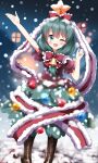  1girl aqua_eyes blurry blurry_background boots bow brown_footwear christmas_lights christmas_tree frilled_bow frilled_ribbon frills front_ponytail green_hair hair_bow hair_ribbon hand_up highres kagiyama_hina long_ribbon looking_at_viewer one_eye_closed open_mouth outdoors puffy_short_sleeves puffy_sleeves red_bow ribbon ruu_(tksymkw) santa_costume short_sleeves smile snowing solo touhou winter 