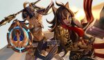  2girls absurdres arm_armor armlet asymmetrical_clothes beacon_of_the_reed_sea_(genshin_impact) black_hair blue_hair candace_(genshin_impact) capelet dark-skinned_female dark_skin dehya_(genshin_impact) elbow_gloves eye_of_horus eyebrows_hidden_by_hair fingerless_gloves genshin_impact gloves hair_between_eyes hair_ears hairband highres holding holding_polearm holding_weapon jhorliearts long_hair multiple_girls navel polearm short_hair simple_background watermark weapon 