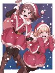  2girls bag bags_under_eyes blonde_hair blush boku_no_hero_academia boots brown_eyes brown_hair christmas double_bun dress fangs ginjaeru hair_bun hat highres jumping looking_at_viewer messy_hair multiple_girls pantyhose santa_costume santa_dress santa_hat short_hair sky slit_pupils snow snowing thighhighs thighs toga_himiko uraraka_ochako yellow_eyes 