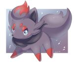  animal_focus artist_name black_fur blue_eyes border closed_mouth commentary_request gradient_background grey_background highres iwasi_29 no_humans pokemon pokemon_(creature) smile twitter_username white_border zorua 