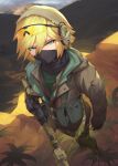  1girl ar-15 assault_rifle blonde_hair boots camouflage camouflage_pants eyewear_on_head gloves green_eyes gun headset highres jacket looking_at_viewer mask mountainous_horizon mouth_mask original pants paperboathat pouch rifle safety_glasses scarf solo weapon 
