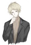  1boy atou_haruki black_jacket blonde_hair brown_sweater closed_mouth hand_on_own_chin highres jacket long_sleeves looking_at_viewer male_focus open_clothes open_jacket pale_skin red_eyes ribbed_sweater saibou_shinkyoku short_hair simple_background smile solo sweater turtleneck turtleneck_sweater upper_body white_background yonghu7597894040 