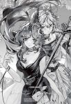  2girls absurdres armor artist_request bare_arms breasts cleavage commission crescent crescent_hair_ornament dress druvis_iii floating_hair gauntlets greyscale hair_ornament hand_on_another&#039;s_hip hand_up highres holding holding_sword holding_weapon laurel_crown leaf leaf_hair_ornament lilya_(reverse:1999) long_hair long_sword looking_at_viewer medium_breasts monochrome multiple_girls reverse:1999 second-party_source sleeveless sleeveless_dress sword upper_body weapon 