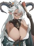  1girl absurdres black_gloves breast_hold breasts cleavage closed_mouth dark-skinned_female dark_skin dragon_horns draph elbow_gloves fediel_(granblue_fantasy) gloves granblue_fantasy grey_hair hand_fan highres holding holding_fan horns huge_breasts long_hair looking_at_viewer off_shoulder pointy_ears red_eyes semi-rimless_eyewear simple_background solo upper_body white_background wizast 