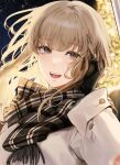  1girl black_gloves brown_eyes brown_hair coat gloves hand_up kim_eb long_hair long_sleeves looking_at_viewer night open_mouth original scarf sidelocks sky smile solo star_(sky) starry_sky striped striped_scarf teeth upper_body white_coat winter_clothes 