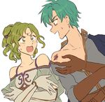  1girl aqua_eyes aqua_hair bare_shoulders blush breasts brown_gloves bruise capelet dress dutch_angle elbow_gloves ephraim fire_emblem fire_emblem:_seima_no_kouseki gloves green_eyes green_hair injury l'arachel looking_at_another noshima open_mouth ponytail shirt short_hair shouting small_breasts sweatdrop undressing upper_body white_background white_gloves 
