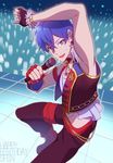  adonis_belt alternate_costume arm_up armpits bare_shoulders blue_eyes blue_hair character_name dorifesu! from_above glowstick happy_birthday idol jewelry looking_at_viewer male_focus microphone midriff necklace oikawa_shin smile stage sweat tile_floor tiles vest yoru_(yoruyonaka) 