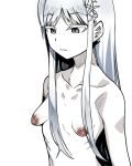  1girl black_eyes blue_archive breasts closed_mouth dark_nipples grey_hair hair_ornament inverted_nipples kaauchi long_hair nagusa_(blue_archive) nipples pale_skin sidelocks simple_background small_breasts solo upper_body white_background 