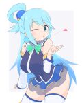  1girl aqua_(konosuba) ass blowing_kiss blue_eyes blue_hair blue_shirt blue_skirt blue_thighhighs blush boots bow bowtie breasts curvy detached_sleeves gem green_bow green_bowtie hair_between_eyes hair_ornament hair_rings highres huge_ass huge_breasts kono_subarashii_sekai_ni_shukufuku_wo! long_hair looking_at_viewer no_panties one_eye_closed plump shirt simple_background single_hair_ring skirt smile solo thick_thighs thigh_boots thighhighs thighhighs_under_boots thighs uncool_mochi very_long_hair white_sleeves 