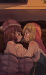  2girls absurdres after_kiss bed bed_sheet blonde_hair blue_eyes breasts brown_hair christmas cleavage grabbing grabbing_another&#039;s_breast hat highres large_breasts long_hair looking_at_another medium_hair multiple_girls naked_sheet original purple_eyes saliva saliva_trail santa_hat unworn_clothes wanashi_tam yuri 