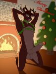 3:4 abs anthro antlers balls bambi_(film) bell bell_collar bell_harness big_penis brown_body brown_fur brown_hair christmas christmas_tree collar deer digital_media_(artwork) disney dustin_c erection fire fireplace fur genitals green_eyes hair harness hi_res holidays horn humanoid_genitalia humanoid_penis jingle_bell jingle_bell_collar jingle_bell_harness looking_at_viewer male mammal muscular muscular_anthro muscular_male new_world_deer nude penis plant ronno shaded smile solo tail text tree