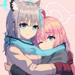  2girls animal_ear_fluff blue_archive blue_eyes blue_halo blue_scarf bright_pupils closed_mouth commentary cross_hair_ornament english_commentary gloves grey_hair hair_ornament halo highres hoshino_(blue_archive) hug long_hair looking_at_viewer mismatched_pupils multiple_girls one_eye_closed pink_hair pink_halo pixel_art red_gloves scarf shared_clothes shared_scarf shiroko_(blue_archive) tinia_etru white_pupils 