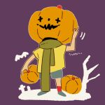  1boy bat_(animal) food full_body green_scarf grey_footwear grey_shorts holding holding_food holding_vegetable jack-o&#039;-lantern male_focus mother_(game) mother_2 pumpkin pumpkin_on_head purple_background red_socks scarf shifumame shirt shorts socks solo standing tombstone translation_request trick_or_treat_kid vegetable yellow_shirt 