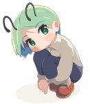  1girl antennae blush closed_mouth collared_shirt commentary expressionless full_body green_hair grey_pants highres hugging_own_legs long_sleeves looking_at_viewer mary_janes medium_bangs pants red_footwear shirt shoes short_hair simple_background socks solo squatting swept_bangs touhou ugif white_background white_shirt white_socks wriggle_nightbug 