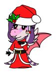 anthro azura_(sincabeza) blaze_(marking) christmas christmas_clothing christmas_headwear clothing colored facial_markings fan_character feathers female fur_trim_(clothing) garavakarian hair hand_puppet hat head_markings headgear headwear hi_res holidays holly_(plant) markings membrane_(anatomy) membranous_wings pink_body plant pterosaur puppet purple_hair red_clothing reptile santa_hat scalie simple_background smile snoot_game snout solo tail_feathers wings