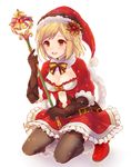 :d bell belt belt_buckle black_gloves black_legwear blonde_hair bow breasts brown_eyes buckle christmas cleavage cleavage_cutout djeeta_(granblue_fantasy) dress elbow_gloves eyebrows_visible_through_hair flower frilled_dress frills full_body fur_trim gloves granblue_fantasy hair_flower hair_ornament hat holding holding_wand isao_(wasamoti) kneeling looking_at_viewer medium_breasts open_mouth poinsettia pom_pom_(clothes) round_teeth santa_costume santa_hat shoes short_hair short_sleeves smile solo star teeth thighhighs wand white_background 