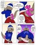 &lt;3 2023 anthro beanie blep bottomwear bottomwear_down bow_ribbon christmas clothed clothing comic dialogue directional_arrow emanata english_text erection eyebrows felix_(nik159) foreskin four_frame_image fur furgonomics genitals gesture good_boy greeting hat headgear headwear hi_res holidays humanoid_genitalia humanoid_penis looking_at_viewer male mammal multiple_scenes mustelid narrowed_eyes nikraccoom open_mouth open_smile otter pants pants_down partially_clothed penis pointing presenting presenting_penis simple_background smile solo standing sweater talking_to_viewer text tongue tongue_out topwear tuft url