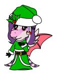 anthro azura_(sincabeza) blaze_(marking) christmas christmas_clothing christmas_headwear clothing colored facial_markings fan_character feathers female fur_trim_(clothing) garavakarian green_clothing hair hand_puppet hat head_markings headgear headwear hi_res holidays holly_(plant) markings membrane_(anatomy) membranous_wings pink_body plant pterosaur puppet purple_hair reptile santa_hat scalie simple_background smile snoot_game snout solo tail_feathers wings