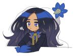  1girl big_hair black_hair black_jacket blonde_hair blue_eyes blue_gloves blue_hair blue_shirt dark-skinned_female dark_skin geeta_(pokemon) glimmet gloves jacket long_hair long_sleeves multicolored_hair neck_ribbon on_head pokemon pokemon_(creature) pokemon_on_head pokemon_sv ribbon shirt streaked_hair yellow_ribbon yunme 