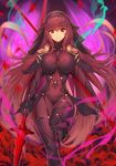  bangs bodysuit breasts capelet circlet covered_navel dual_wielding eyebrows_visible_through_hair fate/grand_order fate_(series) field fire flower flower_field gae_bolg gem green_fire hips holding large_breasts leg_lift long_hair looking_at_viewer pauldrons petals pink_fire polearm purple_bodysuit purple_hair red_eyes sabaton scathach_(fate)_(all) scathach_(fate/grand_order) smile solo spear thighs veil weapon yaman 