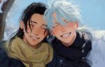  2boys :d ^_^ black_hair black_scarf blue_sky blush closed_eyes coat dio_saurr ear_piercing getou_suguru gojou_satoru highres jujutsu_kaisen long_hair male_focus multiple_boys outdoors piercing scarf short_hair sky smile snow teeth white_hair winter winter_clothes winter_coat yellow_scarf 