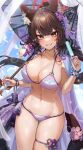  1girl absurdres animal_ears bikini black_hair blue_archive breasts cleavage cowboy_shot food fox_ears grin groin halo highres holding holding_food kokukyukeo large_breasts long_hair looking_at_viewer navel official_alternate_costume popsicle purple_bikini red_halo smile solo swimsuit wakamo_(blue_archive) wakamo_(swimsuit)_(blue_archive) yellow_eyes 