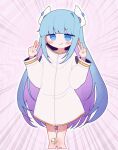  1girl :3 abstract_background banananosongen blue_eyes blue_hair blunt_bangs blush_stickers closed_mouth coat colored_inner_hair commentary cropped_legs double_v emphasis_lines gauze_on_knee hands_up headgear high_collar highres indie_virtual_youtuber long_hair long_sleeves multicolored_hair pigeon-toed pink_background purple_hair smirk smug solo somunia v v-shaped_eyebrows virtual_youtuber white_coat 