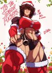  1girl 4ces abs bell belt breasts brown_hair choker christmas_ornaments christmas_tree english_text gun highres large_breasts looking_at_viewer looking_down midriff multiple_scars neck_bell original revolver santa_costume scar scar_on_face signature solo spiked_hair thick_thighs thighhighs thighs weapon white_background yellow_eyes 