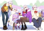  3boys 3girls blush breasts earrings fate/grand_order fate_(series) genderswap genderswap_(ftm) hair_ribbon highres jewelry kama_(dream_portrait)_(fate) kama_(fate) kama_(tour_outfit)_(fate) large_breasts long_hair multiple_boys multiple_girls multiple_persona pantyhose red_eyes redrop ribbon short_hair small_breasts textless_version white_hair 