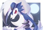  animal_focus artist_name border claws commentary_request full_moon highres iwasi_29 lycanroc lycanroc_(midnight) moon night night_sky no_humans pokemon pokemon_(creature) red_eyes ringed_eyes sharp_teeth sky smile snout star_(sky) teeth twitter_username white_border white_fur 