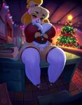 2020 animal_crossing anthro artist_logo bedroom_eyes big_breasts blonde_hair blush book boosterpang bottomless breasts canid canine canis christmas christmas_lights christmas_tree cleavage clothed clothing curvy_figure desk dildo domestic_dog female furniture genitals gift hair hi_res holidays isabelle_(animal_crossing) legwear logo mammal narrowed_eyes nintendo on_desk partially_clothed plant pussy seductive sex_toy shih_tzu sitting sitting_on_desk solo table thick_thighs thigh_highs toy_dog tree undressing voluptuous yellow_body