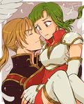  1girl armor blonde_hair blouse blush breastplate breasts carrying character_name closed_eyes copyright_name couple dutch_angle elbow_gloves face-to-face feathers fingerless_gloves fire_emblem fire_emblem:_seima_no_kouseki forde gloves green_eyes green_hair hetero noshima ponytail princess_carry shirt short_hair small_breasts thighhighs vanessa_(fire_emblem) white_gloves white_legwear 