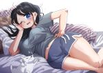  bed black_hair blue_eyes breasts cat grey_shirt highres indonesian_commentary large_breasts long_hair looking_at_viewer on_bed original pillow shirt short_shorts shorts sleepy thick_thighs thighs white_background yumna_hutoyo zzz 