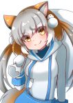  1girl absurdres animal_ears brown_hair christmas_present extra_ears fox_ears fox_girl fox_tail gift gloves grey_hair hair_ornament highres hikarikmy hood hoodie island_fox_(kemono_friends) kemono_friends kemono_friends_v_project long_hair looking_at_viewer multicolored_hair simple_background skirt snowman solo suspenders tail two-tone_hair virtual_youtuber yellow_eyes 