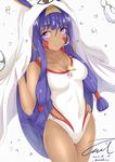  artist_name blush breasts cleavage closed_mouth collarbone competition_swimsuit cosplay dark_skin dated earrings eyebrows_visible_through_hair fate/grand_order fate_(series) hoop_earrings jewelry large_breasts long_hair looking_at_viewer medjed medjed_(cosplay) nitocris_(fate/grand_order) nitocris_(swimsuit_assassin)_(fate) one-piece_swimsuit purple_eyes purple_hair signature smile solo swimsuit unel 