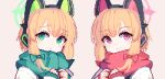  2girls animal_ear_headphones animal_ears blonde_hair blue_archive bow cat_ear_headphones cat_ears closed_mouth commentary english_commentary fake_animal_ears green_bow green_eyes green_halo green_scarf halo headphones looking_at_viewer low-tied_sidelocks midori_(blue_archive) momoi_(blue_archive) multiple_girls pink_eyes pink_halo pixel_art red_bow red_scarf scarf siblings sisters tinia_etru twins upper_body 