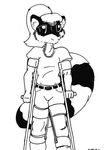  belt black_and_white clothing crutches female hair handicapped mammal michele_light_(artist) monochrome pants raccoon rachelle_(character) shirt 