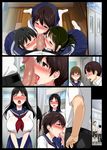  5girls aomizuan black_hair blue_skirt blush breast_squeeze breasts brown_hair censored cheek_bulge classroom embarrassed erection eyes_closed feet fellatio full-face_blush harem highres indoors large_breasts licking long_hair matching_hair/eyes mosaic_censoring multiple_girls open_mouth oral original penis saliva sasamori_tomoe school_uniform sequential short_hair sitting skirt sneakers standing sucking_testicles sweatdrop testicles tongue unzipped watching wooden_floor 