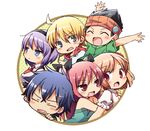  2girls 3boys arms_up black_eyes black_hair blonde_hair blue_eyes blue_hair blush brown_hair chibi closed_eyes domon_seijirou fukai_ni_nemuru_oujo_no_abaddon hino_yachika kazama_kippei long_hair mizuishi_rikana multiple_boys multiple_girls purple_hair red_eyes red_hair short_hair suzumori_mia yamanobe_homura 