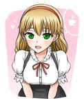  :d amy_march_(ourai_no_gahkthun) blonde_hair blush coffee_mug cup green_eyes hairband heart leaning_forward looking_at_viewer lowres mug open_mouth ourai_no_gahkthun puffy_short_sleeves puffy_sleeves ribbon short_sleeves smile solo steampunk_(liarsoft) tanaka_gorbachev 
