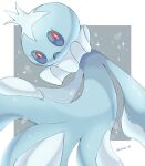  animal_focus artist_name blue_sclera blue_skin border bright_pupils colored_sclera colored_skin commentary_request frillish frillish_(male) frown grey_background highres iwasi_29 no_humans pokemon pokemon_(creature) red_eyes sparkle tentacles twitter_username white_border 