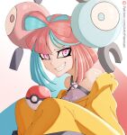  1girl character_hair_ornament hair_ornament highres holding holding_poke_ball iono_(pokemon) jacket long_sleeves looking_at_viewer multicolored_hair oversized_clothes patreon_username pink_eyes pink_hair poke_ball poke_ball_(basic) pokemon pokemon_sv sharp_teeth sleeves_past_fingers sleeves_past_wrists solo star-shaped_pupils star_(symbol) symbol-shaped_pupils teeth two-tone_hair upper_body yamisan yellow_jacket 