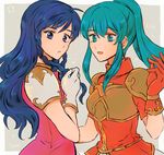  alternate_hairstyle aqua_eyes aqua_hair armor blouse blue_eyes blue_hair blush braid breastplate breasts character_name earrings eirika fire_emblem fire_emblem:_seima_no_kouseki gloves grey_background hairstyle_switch hand_on_own_chest jewelry long_hair looking_at_viewer multiple_girls noshima open_mouth red_gloves short_sleeves sidelocks simple_background small_breasts star tana upper_body white_gloves 