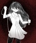 1girl absurdres cabronpr collared_dress commentary dress evil_smile greyscale_with_colored_background highres holding_jump_rope jump_rope long_hair mari_(omori) omori pantyhose red_background short_dress sleeveless sleeveless_dress smile solo symbol-only_commentary 