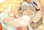  animal_ears blush_stickers fangs furry fuu_(koneko_no_yomeiri) hat lying made_in_abyss nanachi_(made_in_abyss) on_back solo tail whiskers white_hair yellow_eyes 