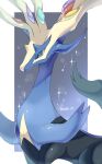  animal_focus antlers artist_name blue_eyes blue_skin border colored_skin commentary_request deer gradient_background grey_background highres iwasi_29 no_humans pokemon pokemon_(creature) sparkle twitter_username white_border xerneas 