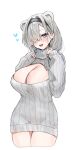  1girl alternate_costume arknights aurora_(arknights) blue_eyes blush breasts cleavage_cutout closed_mouth clothing_cutout commentary grey_hair grey_sweater hair_over_one_eye highres horn/wood large_breasts long_sleeves looking_at_viewer medium_hair parted_bangs puffy_long_sleeves puffy_sleeves ribbed_sweater smile solo sweater teeth 