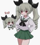  1girl alternate_costume anchovy_(girls_und_panzer) black_ribbon blush brown_eyes closed_mouth drill_hair girls_und_panzer green_hair green_skirt hair_ribbon long_hair long_sleeves looking_at_viewer ooarai_school_uniform pleated_skirt ri_(qrcode) ribbon school_uniform simple_background skirt smile solo twin_drills white_background 