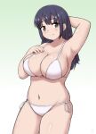  1girl arm_up bikini blush boku_no_kokoro_no_yabai_yatsu breasts brown_eyes highres large_breasts long_hair navel plump side-tie_bikini_bottom smile snowybunny solo standing swimsuit white_bikini yamada_anna 